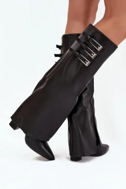 Boto Kozaki Ocieplane|Kozaki Na Słupku*Kozaki Damskie Na Słupku Wywinięta Cholewka Paski Z Klamrami Czarne Nirisa Czarny