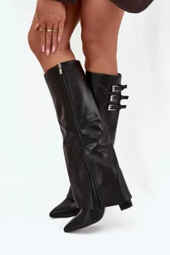 Boto Kozaki Ocieplane|Kozaki Na Słupku*Kozaki Damskie Na Słupku Wywinięta Cholewka Paski Z Klamrami Czarne Nirisa Czarny