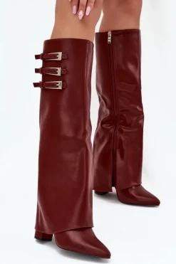 Hot Boto Kozaki Damskie Na Słupku Wywinięta Cholewka Paski Z Klamrami Bordowe Nirisa Czerwony