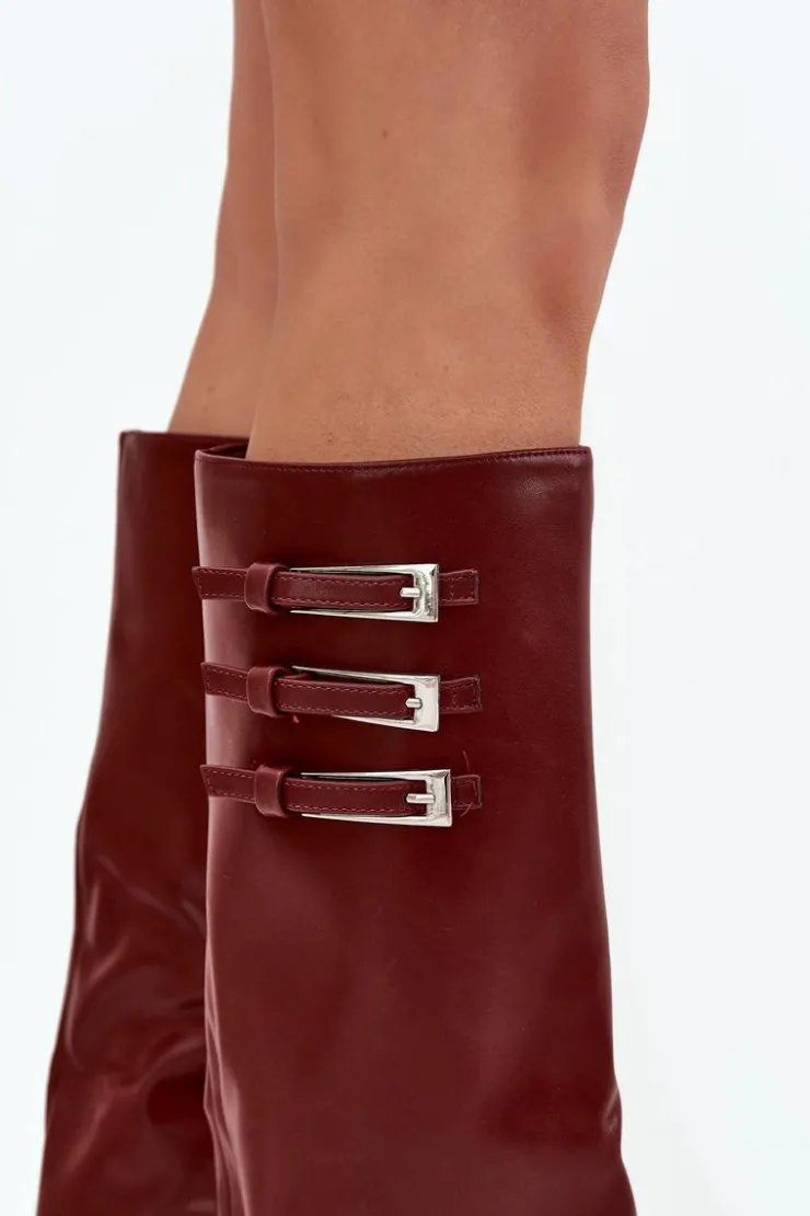 Hot Boto Kozaki Damskie Na Słupku Wywinięta Cholewka Paski Z Klamrami Bordowe Nirisa Czerwony