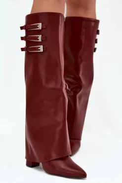 Hot Boto Kozaki Damskie Na Słupku Wywinięta Cholewka Paski Z Klamrami Bordowe Nirisa Czerwony