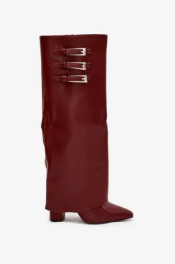 Hot Boto Kozaki Damskie Na Słupku Wywinięta Cholewka Paski Z Klamrami Bordowe Nirisa Czerwony