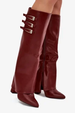 Hot Boto Kozaki Damskie Na Słupku Wywinięta Cholewka Paski Z Klamrami Bordowe Nirisa Czerwony