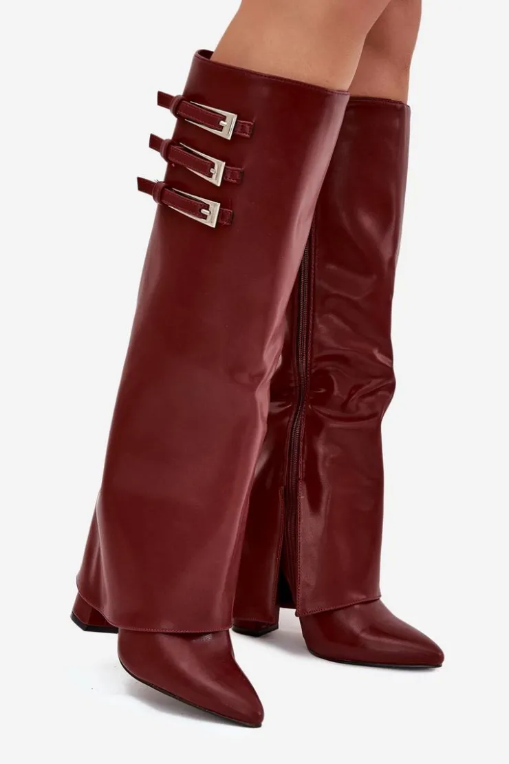 Hot Boto Kozaki Damskie Na Słupku Wywinięta Cholewka Paski Z Klamrami Bordowe Nirisa Czerwony