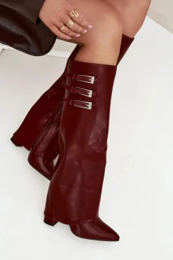 Hot Boto Kozaki Damskie Na Słupku Wywinięta Cholewka Paski Z Klamrami Bordowe Nirisa Czerwony