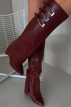 Hot Boto Kozaki Damskie Na Słupku Wywinięta Cholewka Paski Z Klamrami Bordowe Nirisa Czerwony