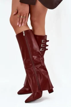 Hot Boto Kozaki Damskie Na Słupku Wywinięta Cholewka Paski Z Klamrami Bordowe Nirisa Czerwony