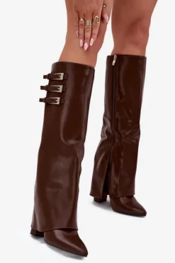 Boto Kozaki Ocieplane|Kozaki Na Słupku*Kozaki Damskie Na Słupku Wywinięta Cholewka Paski Z Klamrami Czekoladowe Nirisa Brązowy