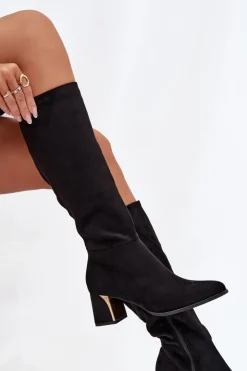 Damskie Boto Kozaki Damskie Na Słupku Ze Złotym Elementem Czarne Nivarae