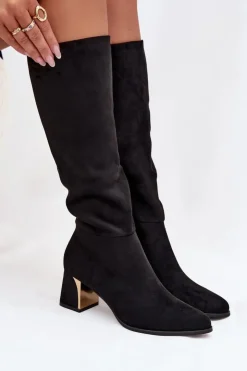 Damskie Boto Kozaki Damskie Na Słupku Ze Złotym Elementem Czarne Nivarae