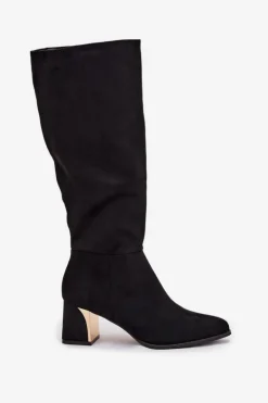 Damskie Boto Kozaki Damskie Na Słupku Ze Złotym Elementem Czarne Nivarae