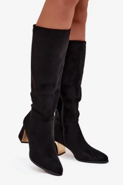 Damskie Boto Kozaki Damskie Na Słupku Ze Złotym Elementem Czarne Nivarae