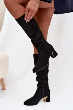 Damskie Boto Kozaki Damskie Na Słupku Ze Złotym Elementem Czarne Nivarae