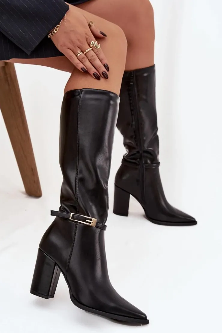 Boto Kozaki Na Słupku|Kozaki Przed Kolano*Kozaki Damskie Na Słupku Z Klamrą Ocieplane Czarne Cirella