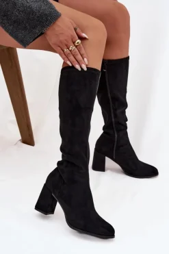 New Boto Kozaki Damskie Na Słupku Z Eko Zamszu Czarne Yelisse Czarny