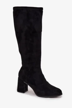 New Boto Kozaki Damskie Na Słupku Z Eko Zamszu Czarne Yelisse Czarny