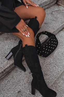 Damskie Boto Kozaki Damskie Na Słupku Z Eko Zamszu Czarne Prisca