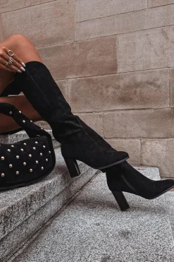 Damskie Boto Kozaki Damskie Na Słupku Z Eko Zamszu Czarne Prisca