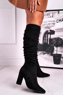 Damskie Boto Kozaki Damskie Na Słupku Zamszowe Czarne Cromes