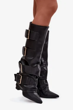 Boto Kozaki Ocieplane|Kozaki Na Słupku*Kozaki Damskie Na Słupku Z Wywiniętą Cholewką I Złotymi Klamrami Czarne Isavelle Czarny