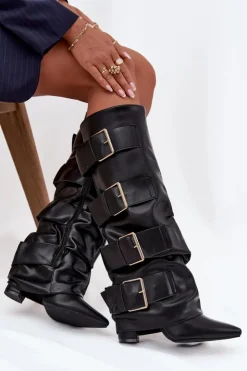 Boto Kozaki Ocieplane|Kozaki Na Słupku*Kozaki Damskie Na Słupku Z Wywiniętą Cholewką I Złotymi Klamrami Czarne Isavelle Czarny