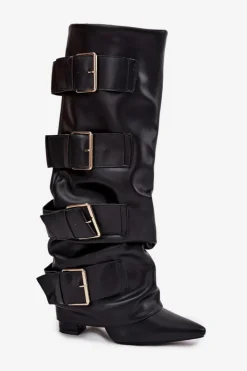 Boto Kozaki Ocieplane|Kozaki Na Słupku*Kozaki Damskie Na Słupku Z Wywiniętą Cholewką I Złotymi Klamrami Czarne Isavelle Czarny