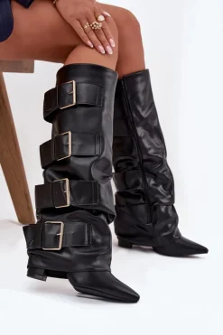 Boto Kozaki Ocieplane|Kozaki Na Słupku*Kozaki Damskie Na Słupku Z Wywiniętą Cholewką I Złotymi Klamrami Czarne Isavelle Czarny