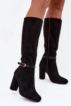 Damskie Boto Kozaki Damskie Na Słupku Ze Złotą Klamrą Ocieplane Czarne Seraphine