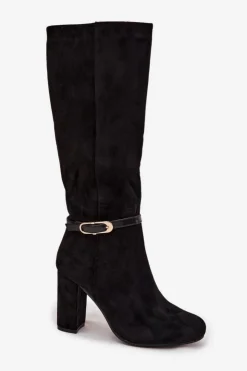 Damskie Boto Kozaki Damskie Na Słupku Ze Złotą Klamrą Ocieplane Czarne Seraphine