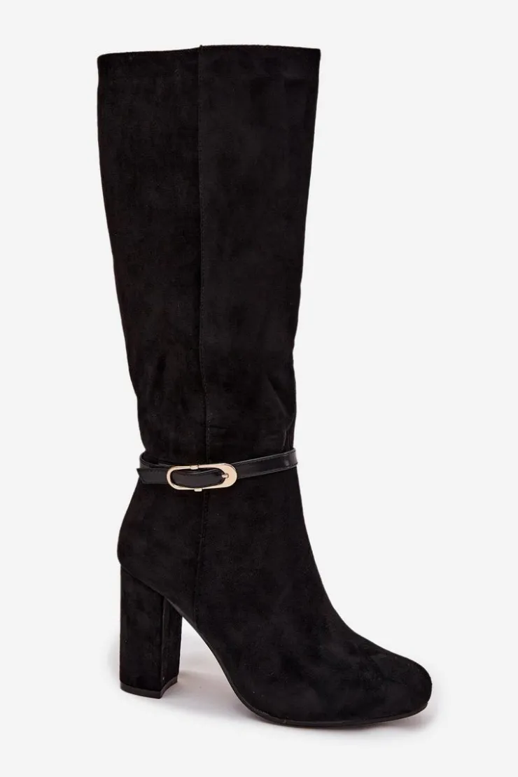 Damskie Boto Kozaki Damskie Na Słupku Ze Złotą Klamrą Ocieplane Czarne Seraphine