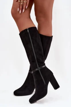 Damskie Boto Kozaki Damskie Na Słupku Ze Złotą Klamrą Ocieplane Czarne Seraphine