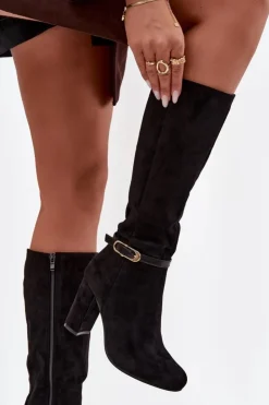 Damskie Boto Kozaki Damskie Na Słupku Ze Złotą Klamrą Ocieplane Czarne Seraphine