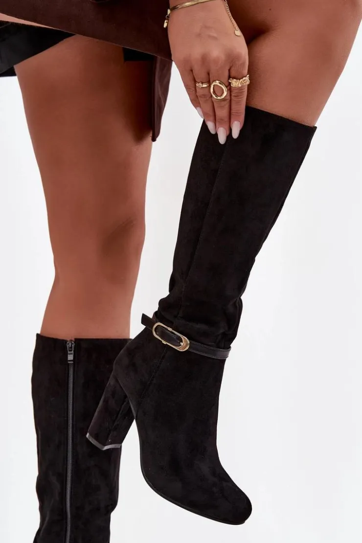 Damskie Boto Kozaki Damskie Na Słupku Ze Złotą Klamrą Ocieplane Czarne Seraphine