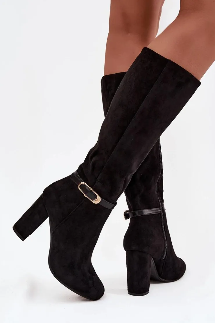 Damskie Boto Kozaki Damskie Na Słupku Ze Złotą Klamrą Ocieplane Czarne Seraphine