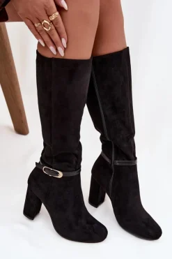 Damskie Boto Kozaki Damskie Na Słupku Ze Złotą Klamrą Ocieplane Czarne Seraphine