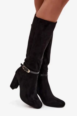 Damskie Boto Kozaki Damskie Na Słupku Ze Złotą Klamrą Ocieplane Czarne Seraphine