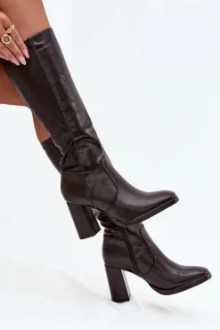 Damskie Boto Kozaki Damskie Na Słupku Z Eko Skóry Ocieplane Bordowe Lyvella