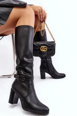 Damskie Buty Sergio Leone Kozaki Damskie Na Słupku Z Klamrą Ocieplane Czarne Sendilia