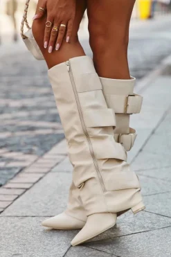 Clearance Boto Kozaki Damskie Na Słupku Z Wywiniętą Cholewką I Złotymi Klamrami Jasnobeżowe Isavelle Beżowy