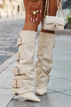 Clearance Boto Kozaki Damskie Na Słupku Z Wywiniętą Cholewką I Złotymi Klamrami Jasnobeżowe Isavelle Beżowy