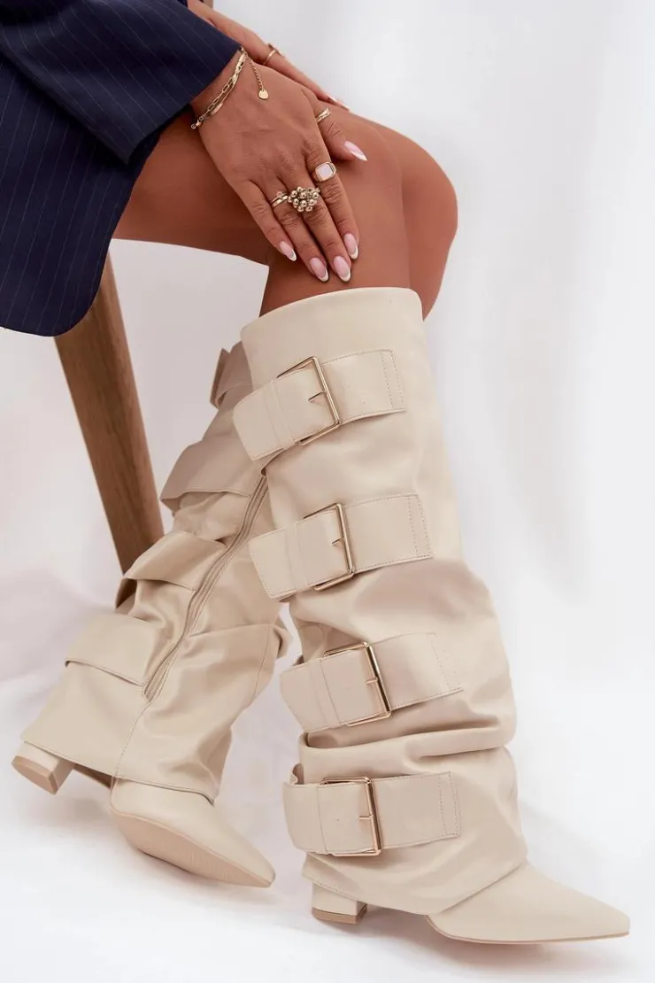 Clearance Boto Kozaki Damskie Na Słupku Z Wywiniętą Cholewką I Złotymi Klamrami Jasnobeżowe Isavelle Beżowy