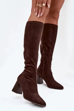 Boto Kozaki Damskie Na Słupku Z Przeszyciami Czekoladowe Celandine