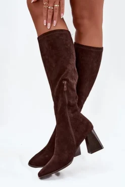 Boto Kozaki Damskie Na Słupku Z Przeszyciami Czekoladowe Celandine