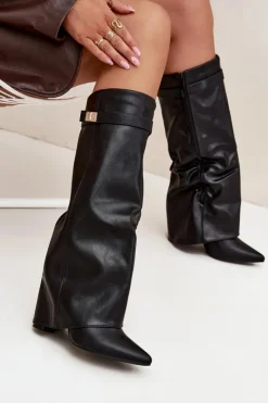 Discount Boto Kozaki Damskie Na Słupku Z Wywiniętą Cholewką I Złotym Detalem Czarne Diorna