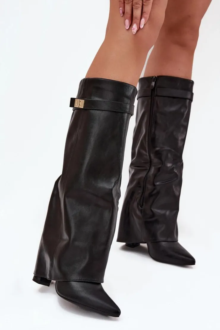 Discount Boto Kozaki Damskie Na Słupku Z Wywiniętą Cholewką I Złotym Detalem Czarne Diorna