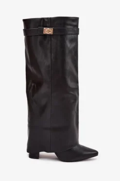 Discount Boto Kozaki Damskie Na Słupku Z Wywiniętą Cholewką I Złotym Detalem Czarne Diorna