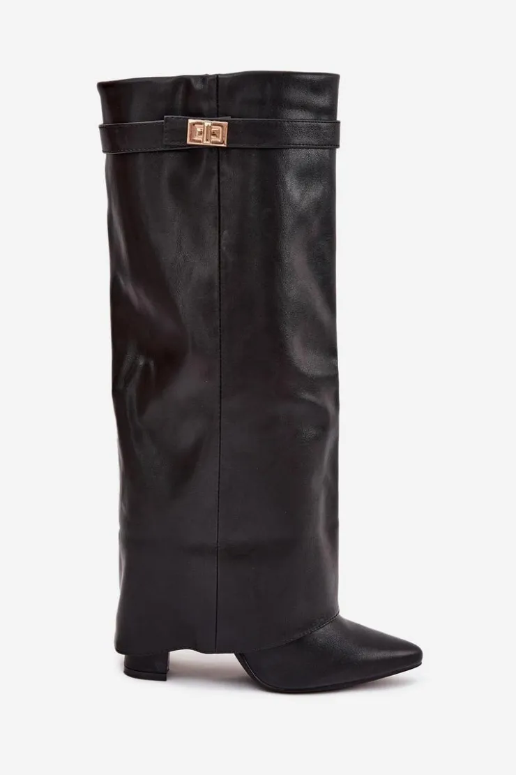 Discount Boto Kozaki Damskie Na Słupku Z Wywiniętą Cholewką I Złotym Detalem Czarne Diorna