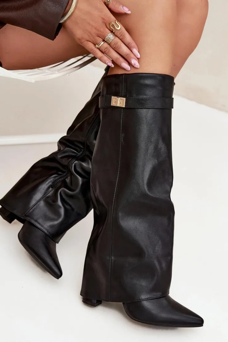 Discount Boto Kozaki Damskie Na Słupku Z Wywiniętą Cholewką I Złotym Detalem Czarne Diorna