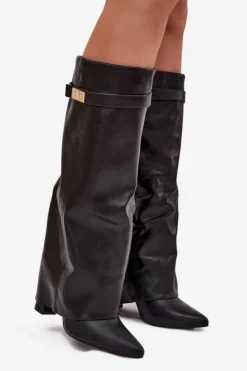 Discount Boto Kozaki Damskie Na Słupku Z Wywiniętą Cholewką I Złotym Detalem Czarne Diorna