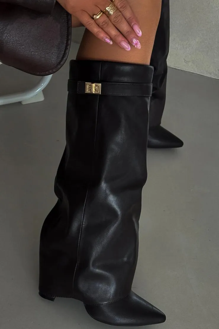 Discount Boto Kozaki Damskie Na Słupku Z Wywiniętą Cholewką I Złotym Detalem Czarne Diorna